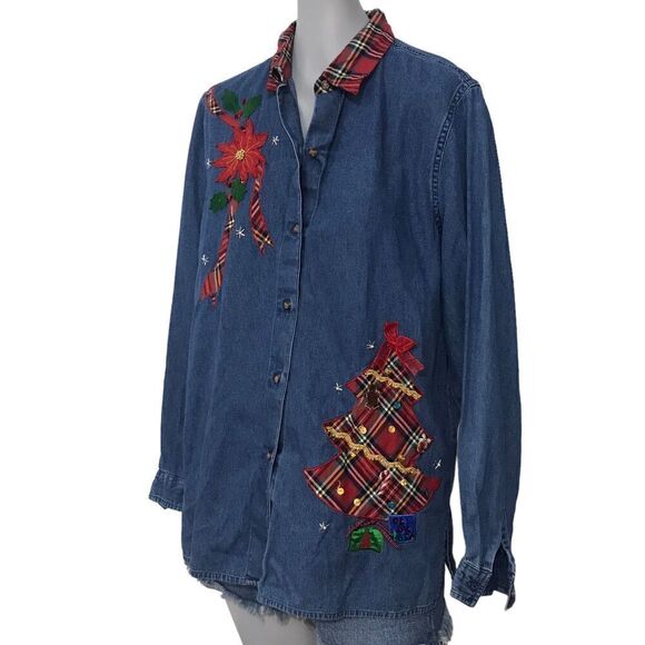 Vintage Christmas Shirt Blouse Denim tacky size small medium - Picture 8 of 14